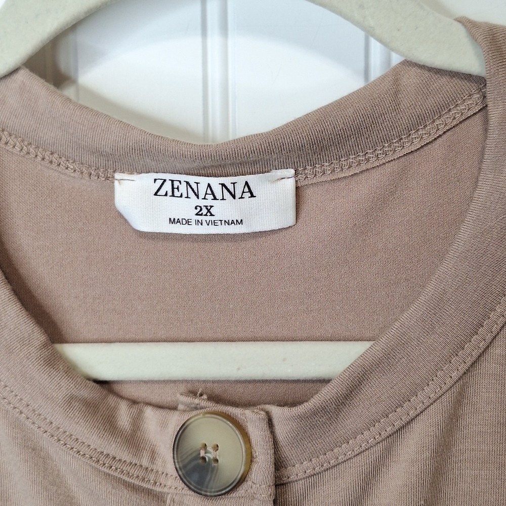 Zenana Womens Shirred Waist Button Up Cardigan Sz 2X Tan Side Pockets Long Slvs - Picture 7 of 10